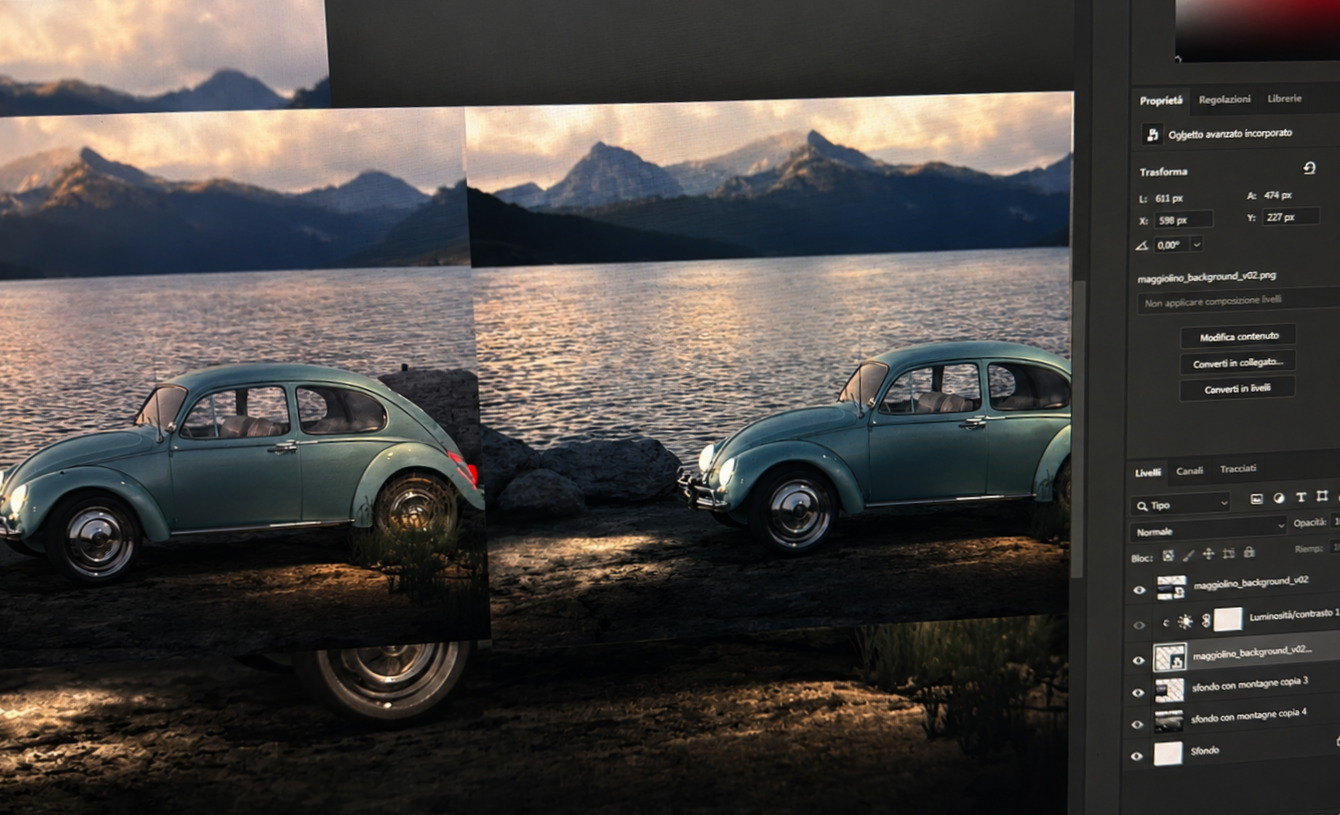Photoshop compositing — layer structure and background integration